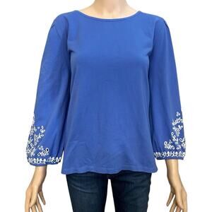 Talbots Cotton Eyelet Embroidered Tshirt XL Blue 3/4 Sleeve Boat Neck Classic